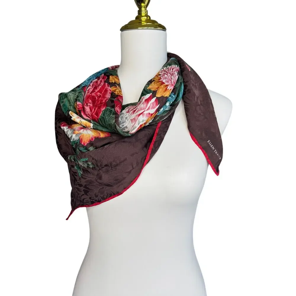 Ellen Tracy Floral Silk Blend Square Scarf Brown Red Tulip Garden Wrap